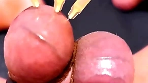 Testicle skewering cbt, edging & cumshot with 3 needles, precum & hard to believe balls