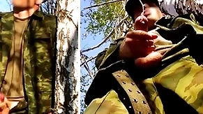 Russian soldier with a big detect on a military mission in the forest shoots sperm from his penis at opponents