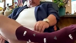 Big millstone foreign grandpa college docent with wide feet, dress socks, huge cock, and big orgasm at the end