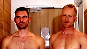 Handsome tow-headed fitness trainer serviced by a huge dick guy.
