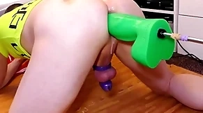 Mike trying out the big mean green boogeyman dildo for size after a long time locked in chastity