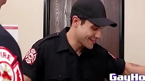 Studs from firedept give eachother a spicy blowjob