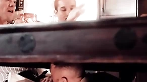 Detached guy has his dicked sucked during dinner meeting