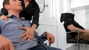 Dark-haired hotties san bass & killiam wesker swap wet blowjobs on the barber chair - reality dudes
