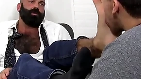 Bald bewhiskered hunk pinchbeck worshipped and obedient by young lad
