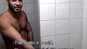 Two hot amateur young latino jocks paid cash by stranger take fuck in gym shower
