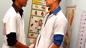 Uniformed twinks out of the public eye asian patient in threesome for cum