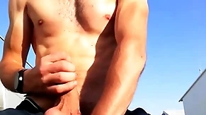 Porn star guy with idyllic flannel and body outdoors in a public place jerks off his huge flannel depending on he cums with loud moans you170